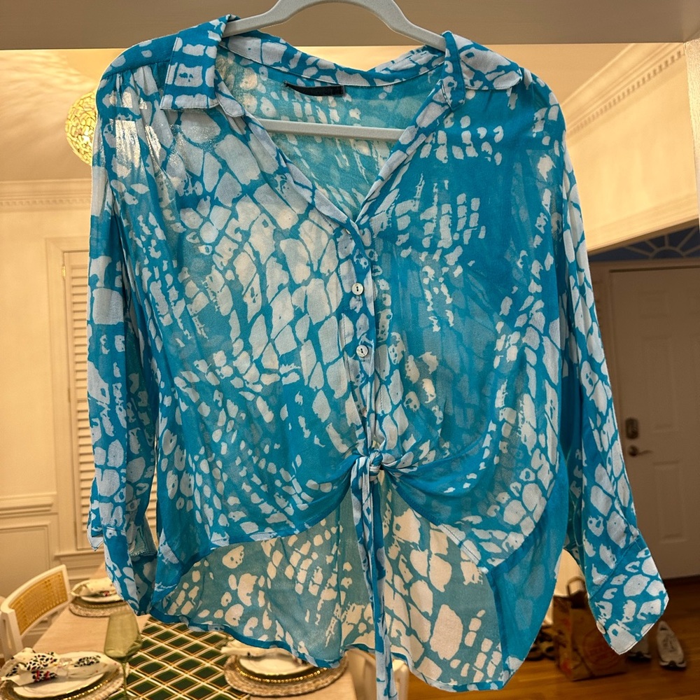 Velvet turquoise printed tie up button down blouse - size P